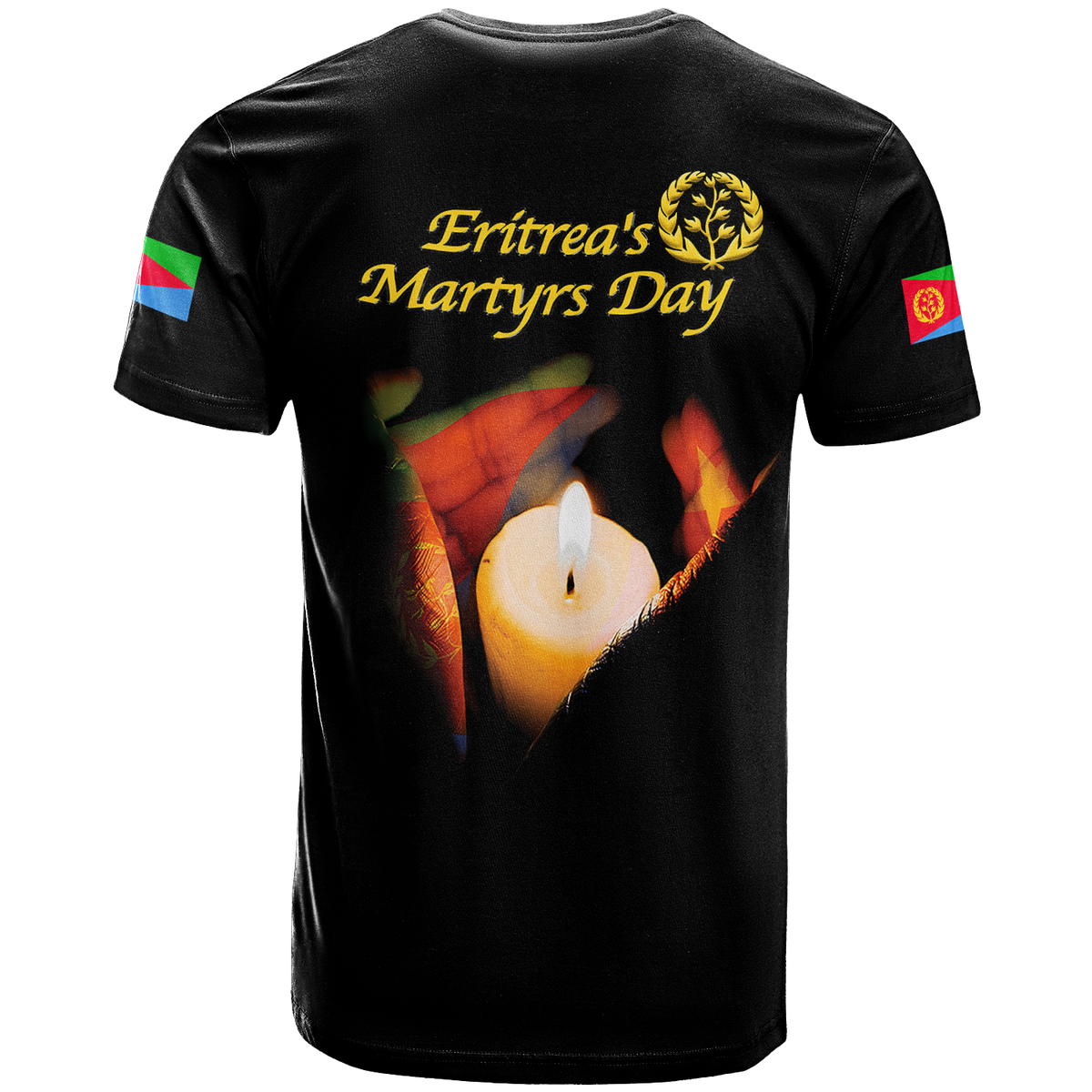 Eritrea Martyrs Day T-shirt, black back print with text and candle flame graphic