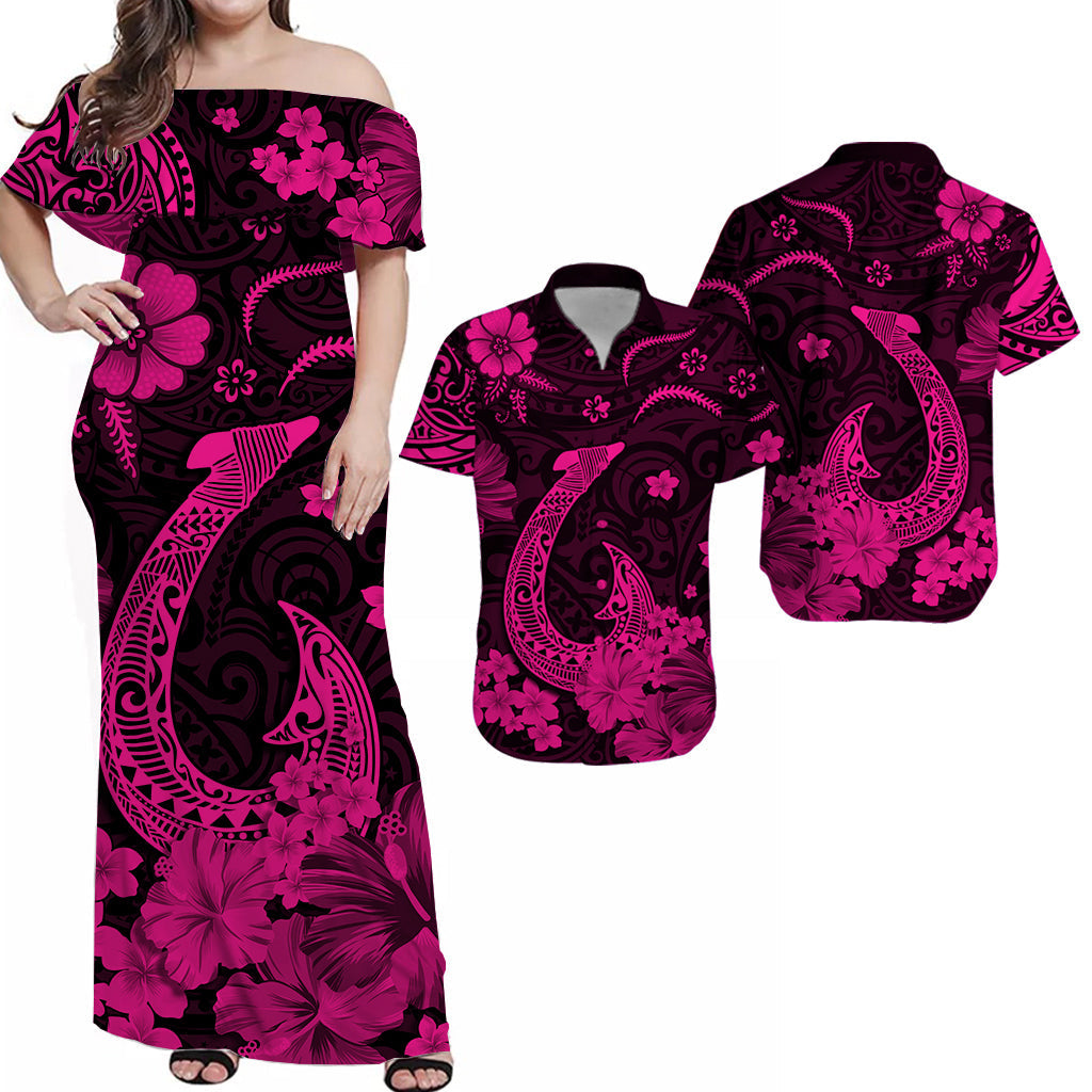 Off-shoulder maxi dress, black base with pink hibiscus and fish/tiki motifs