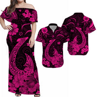Off-shoulder maxi dress, black base with pink hibiscus and fish/tiki motifs