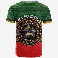 Ethiopia graphic t-shirt back view with green and red geometric stripes, short sleeves