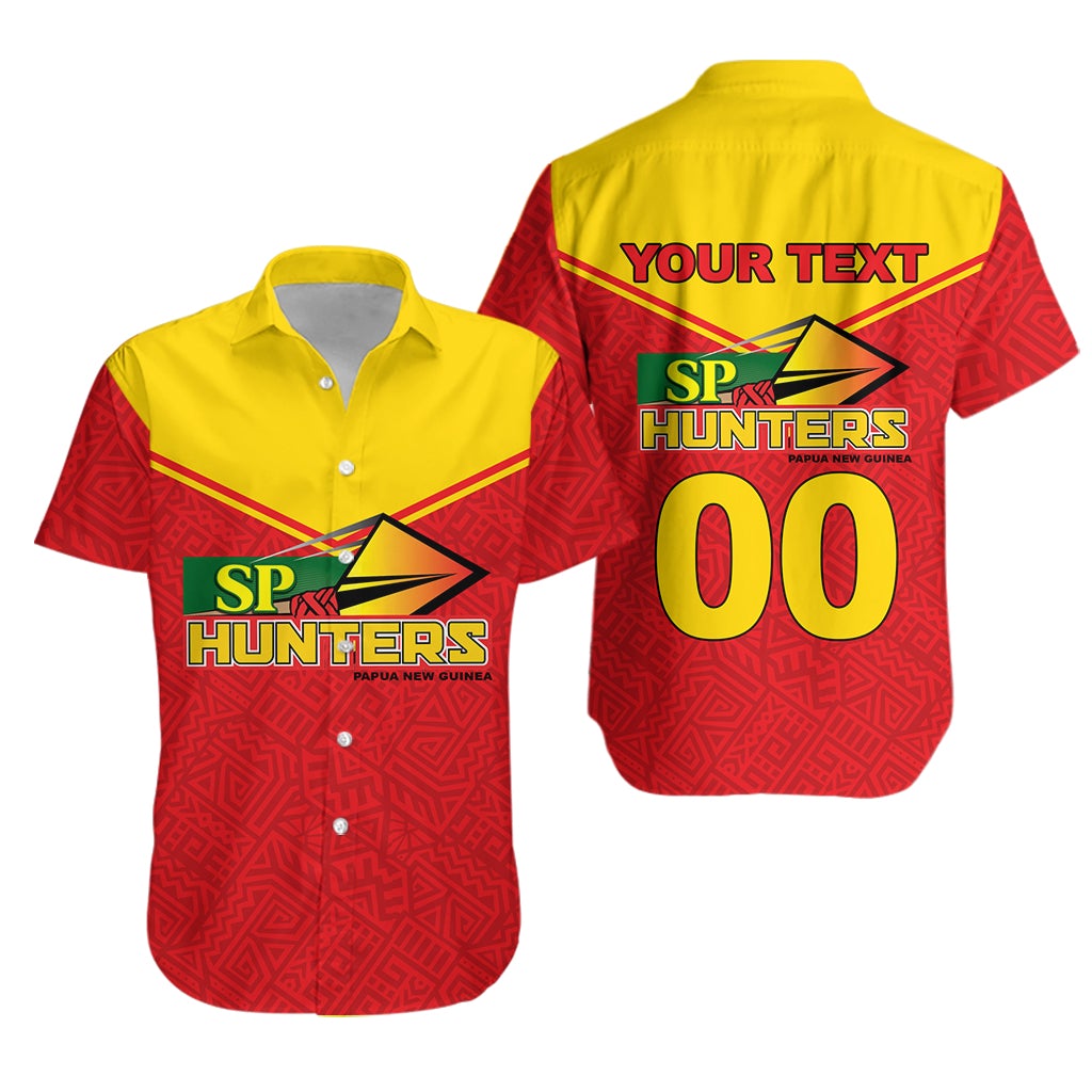 Rot-gelbes Hawaiihemd mit „SP Hunters“ Logo und „YOUR TEXT“ auf der Rückseite