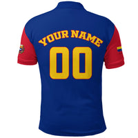 Back view blue polo with red sleeves, 'Your Name' and large '00' numbers