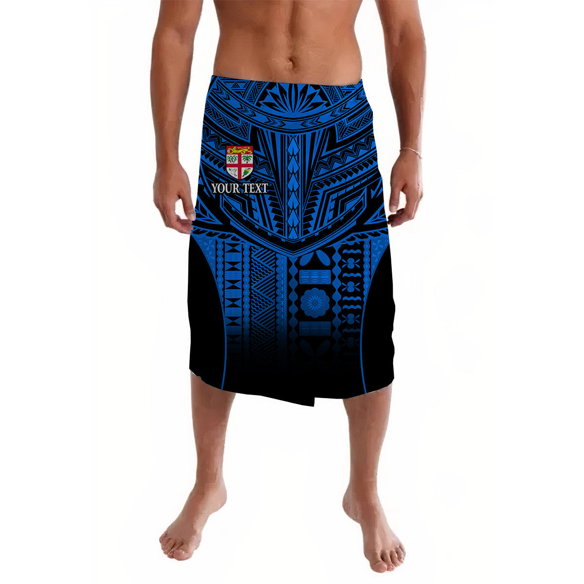 Blue lavalava wrap skirt with bold tribal pattern and custom text panel