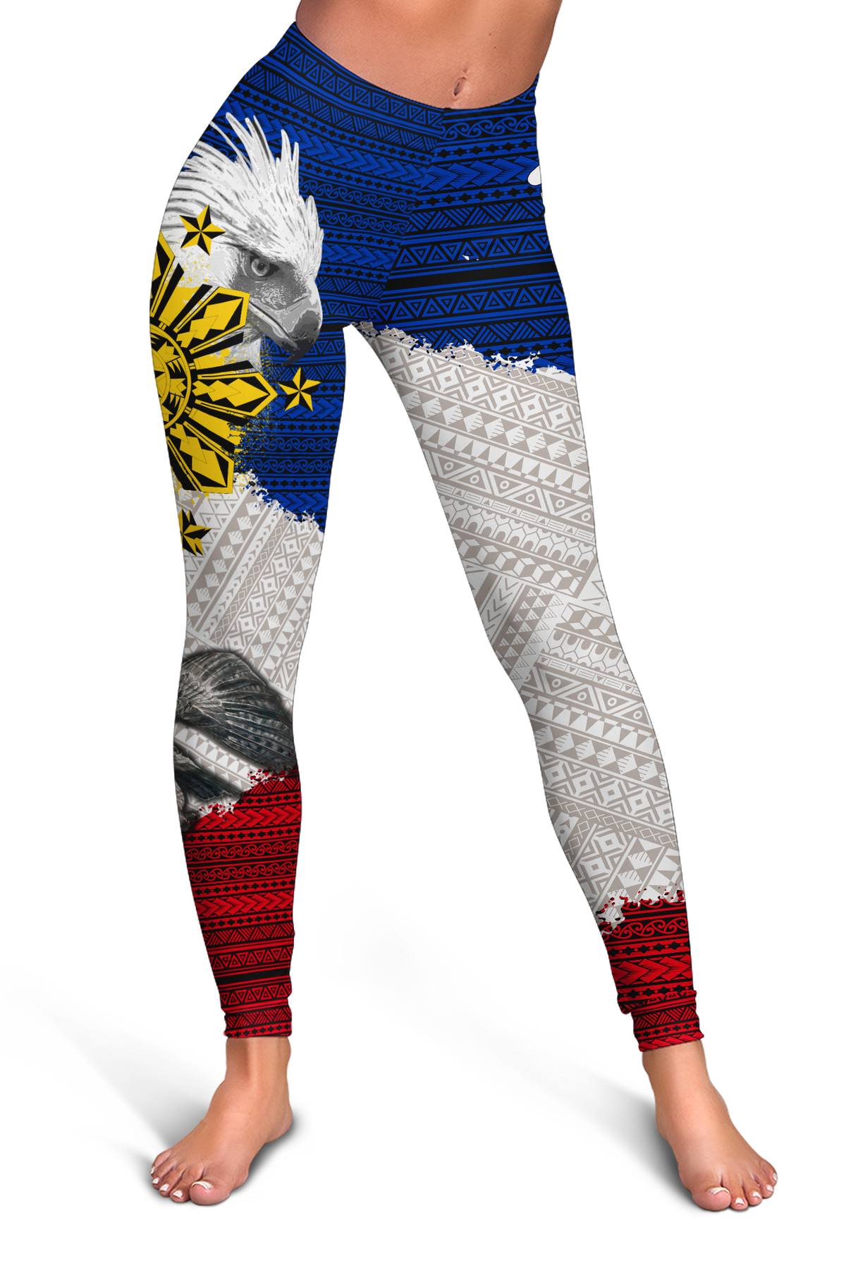 Women's leggings with tribal eagle graphic and blue white red pattern