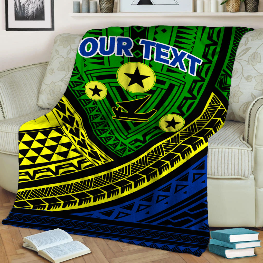 Personalized tribal pattern blanket with “YOUR TEXT”, green and yellow motifs, blue border