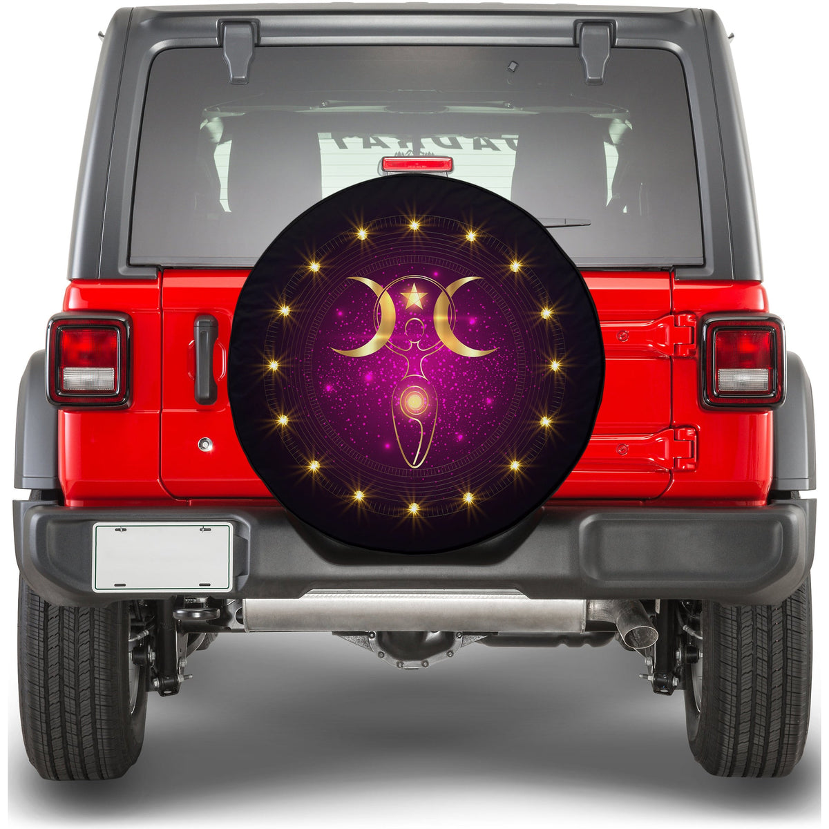 Spare tire cover featuring gold Triple Moon on purple starry graphic