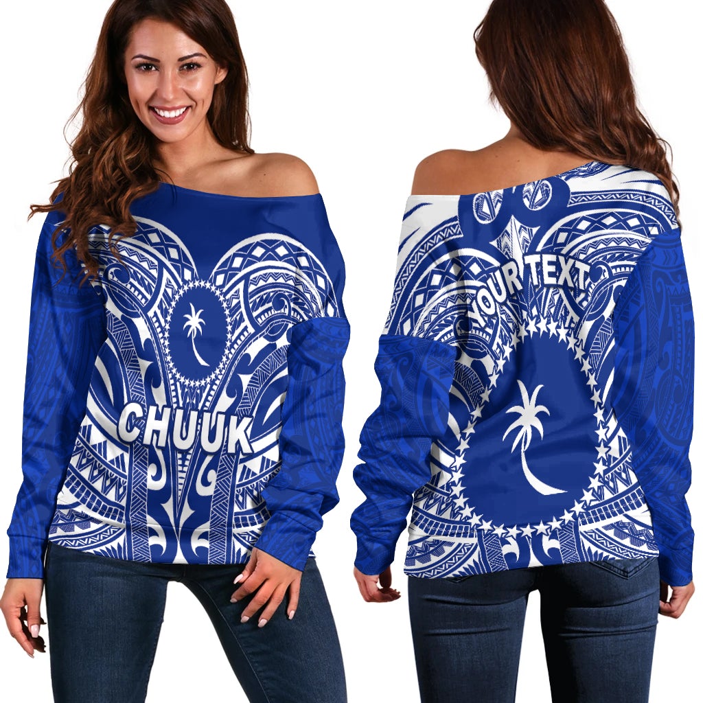 Women off-shoulder sweater in royal blue with white Chuuk tribal print, long sleeves