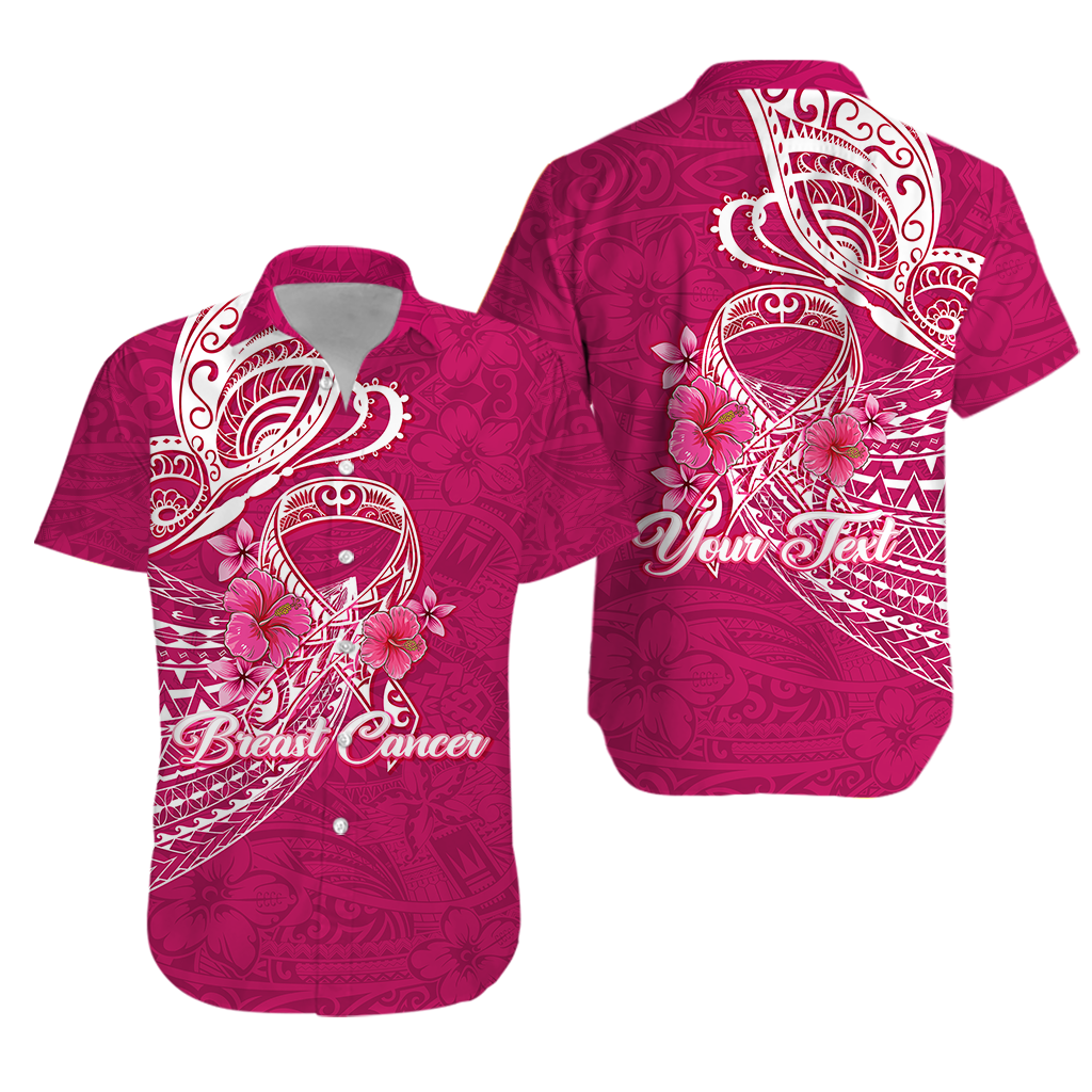Pink breast cancer ribbon butterfly Hawaiian shirt, floral print, front and back view