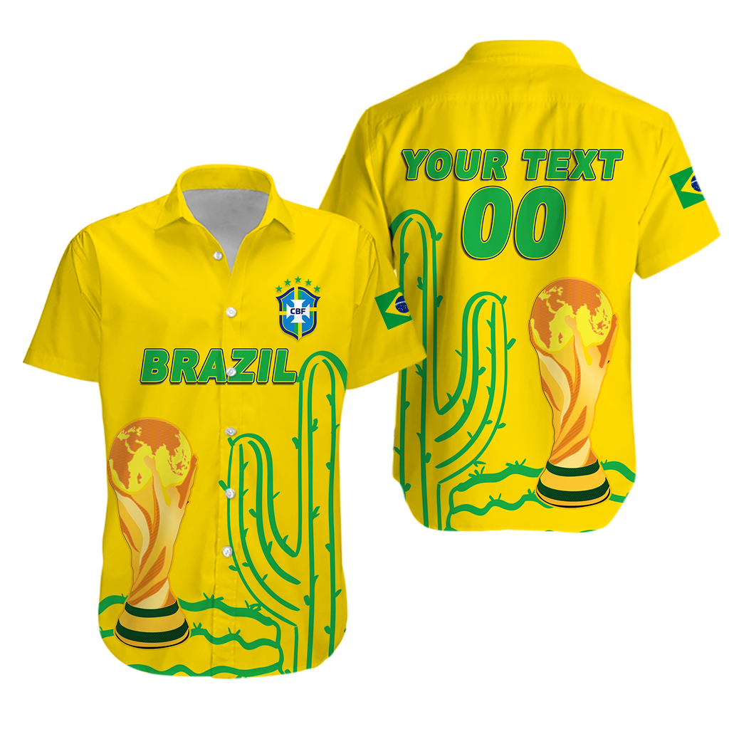 Yellow Brazil football hawaiian shirt with cactus graphics, crest, and back text.