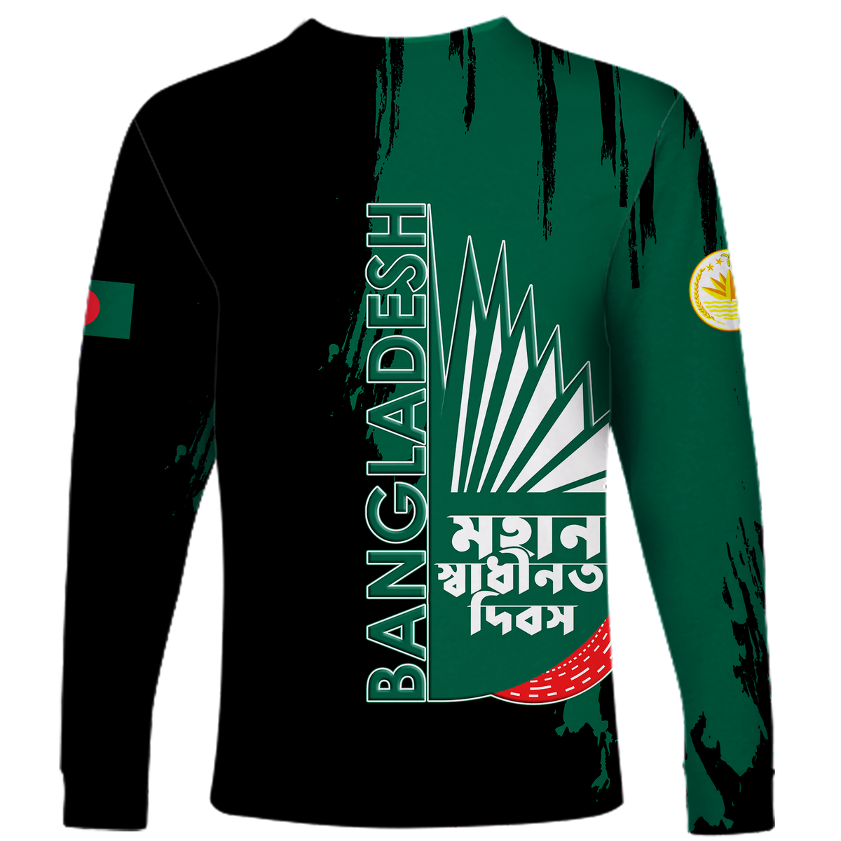 Green long sleeve shirt, side view, Bangladesh flag emblem on sleeve