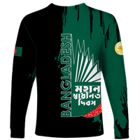Green long sleeve shirt, side view, Bangladesh flag emblem on sleeve