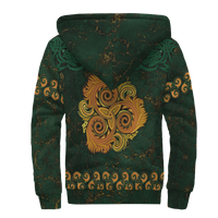 Green sherpa hoodie back print with large Celtic triple spiral face ornament, hood