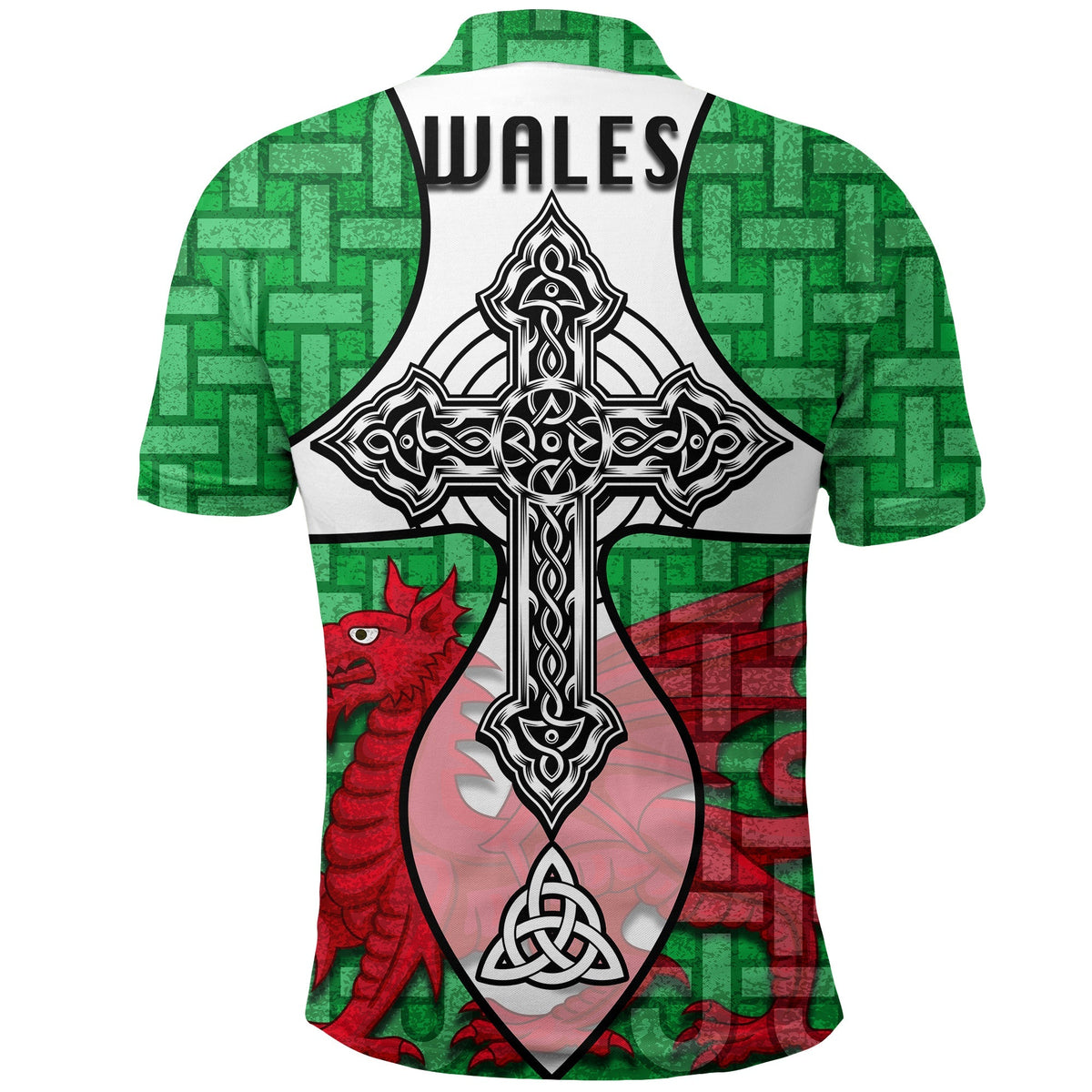 Green and white polo shirt with back Wales text and Celtic cross dragon graphic