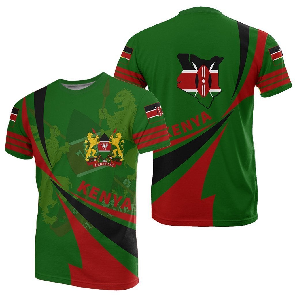 Green Kenya graphic t-shirt with red, black, and green diagonal flag design