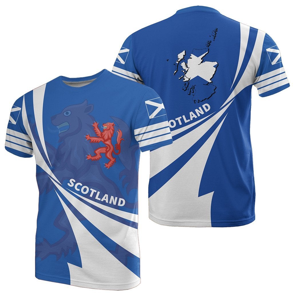 Scotland flag t-shirt, blue/white stripes with crest graphic on front and back