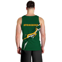 Men's green sleeveless tank top, back view, Springboks text and jumping antelope graphic