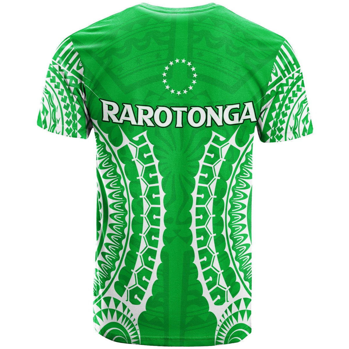 Green Rarotonga tribal graphic T-shirt with crew neck, back view