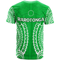 Green Rarotonga tribal graphic T-shirt with crew neck, back view