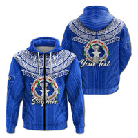 Blue zip hoodie with Saipan graphic and floral wreath on front