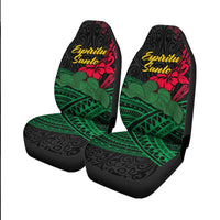 Pair of black front seat covers, green hibiscus leaves, red flower, “Espíritu Santo”