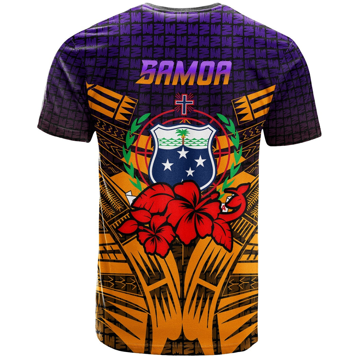 Samoa T‑shirt back with SAMOA lettering and hibiscus tribal crest