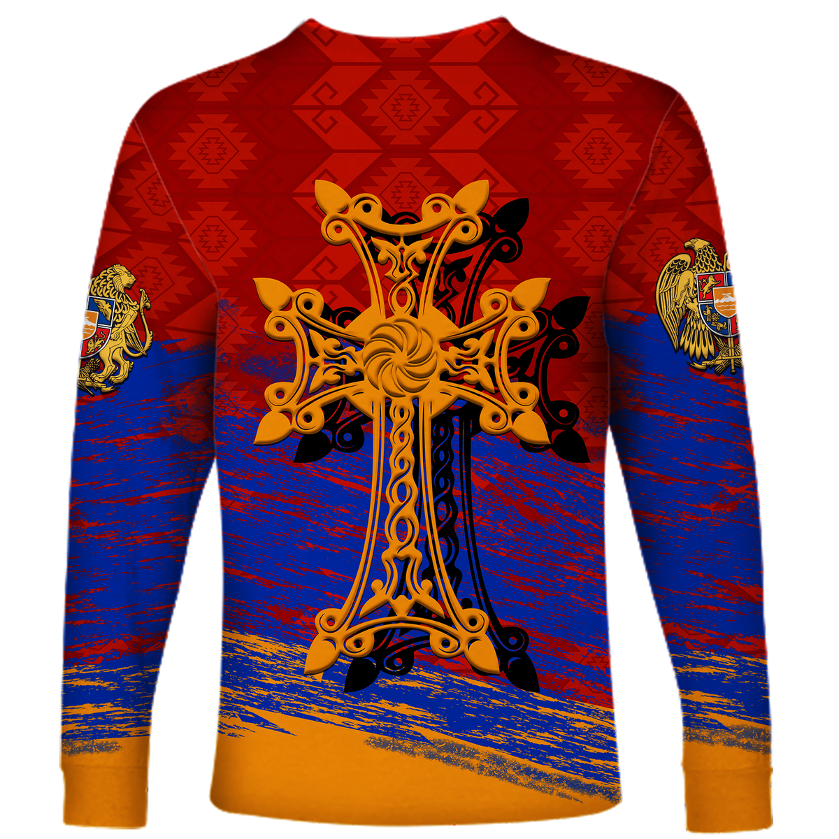 Red long-sleeve shirt with large gold khachkar-style cross emblem on back