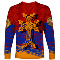 Red long-sleeve shirt with large gold khachkar-style cross emblem on back