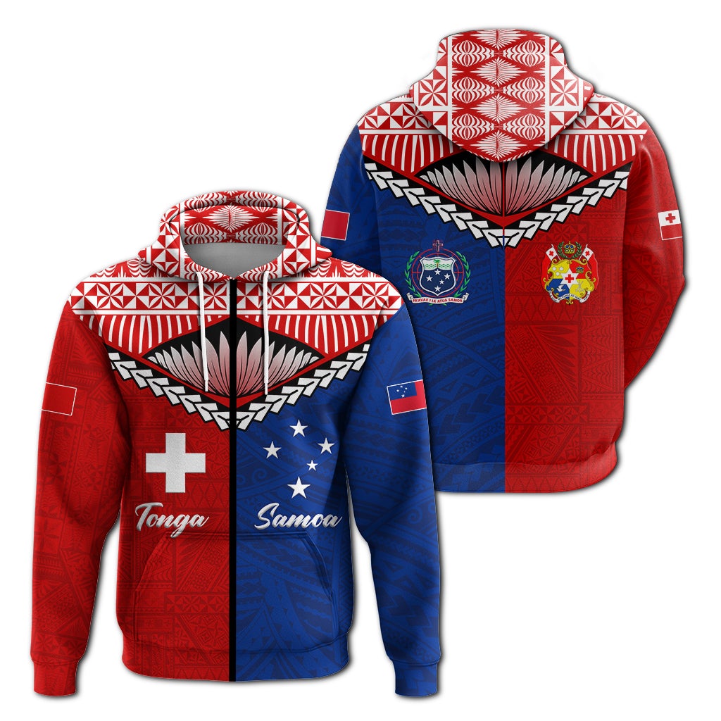 Red and blue zip hoodie with Tonga and Samoa graphic panels, front view
