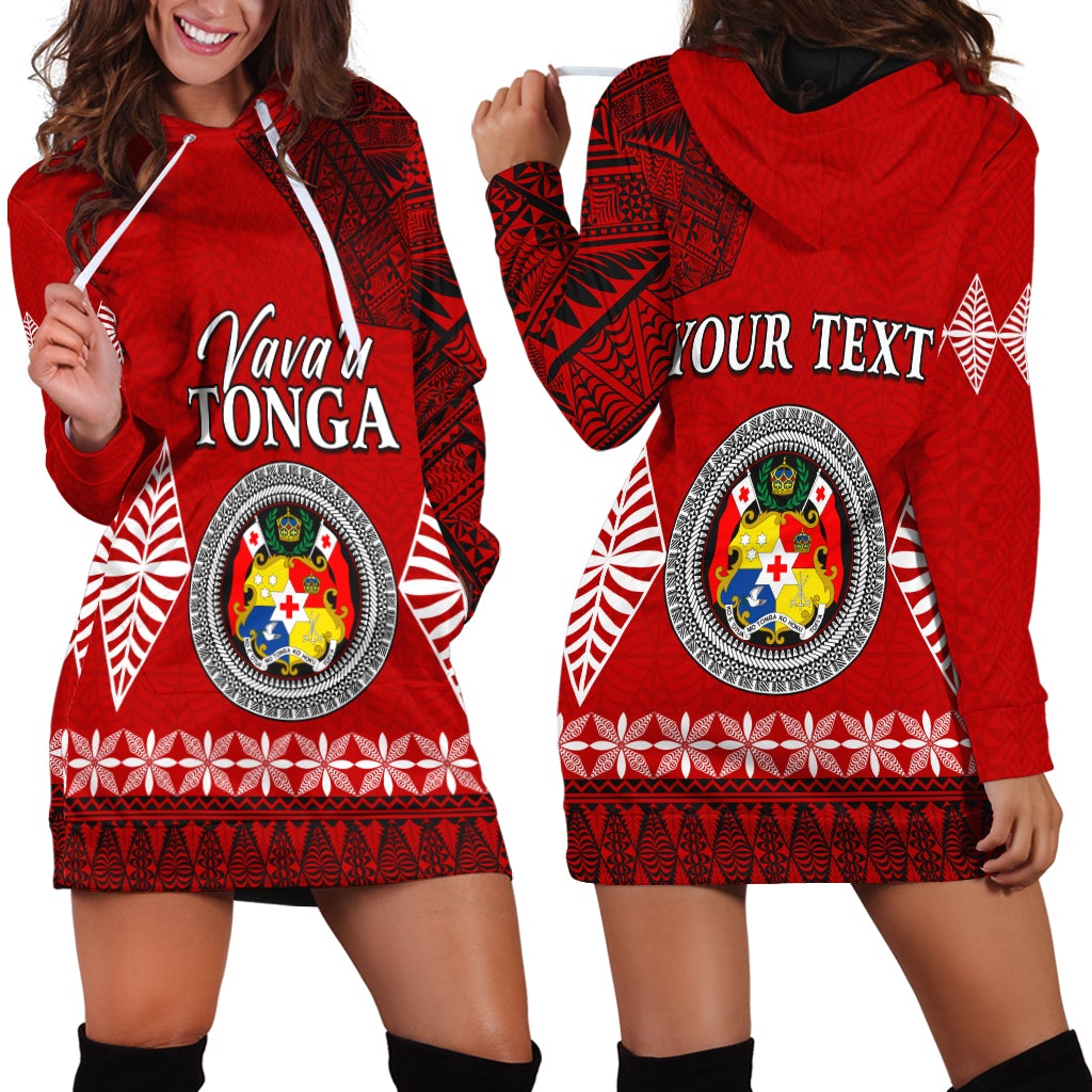 Red hoodie dress with kangaroo pocket, drawstring hood, 'Vava I TONGA' front print