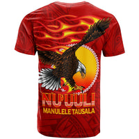 Red T-shirt back view with large eagle graphic, flames, and "MANULELE TAUSALA" text