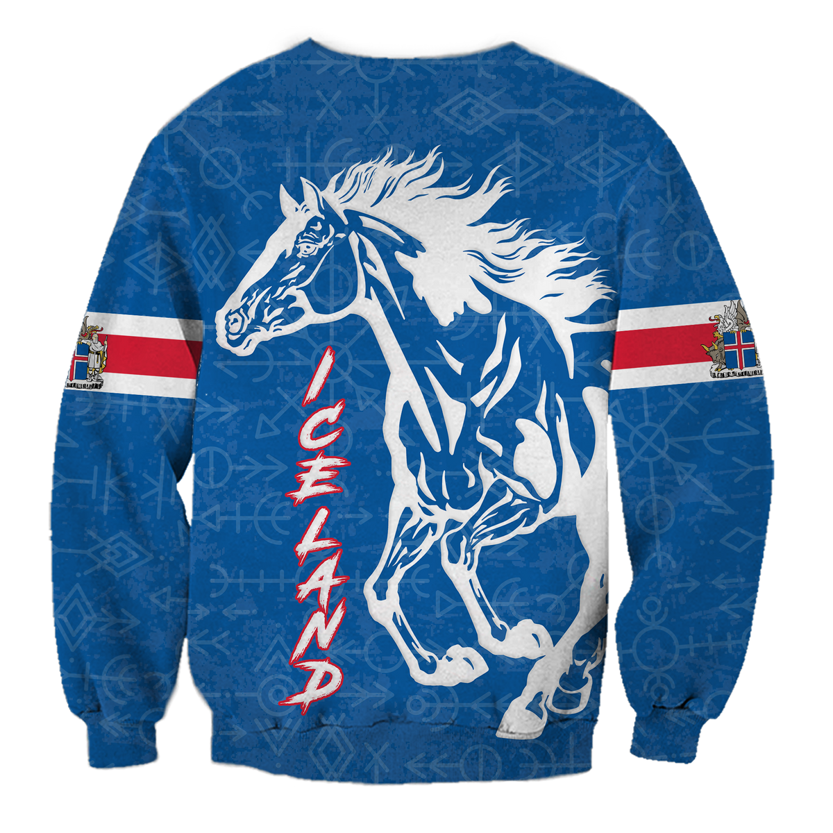 Blue unisex sweatshirt with large horse graphic, red Iceland pride text on back