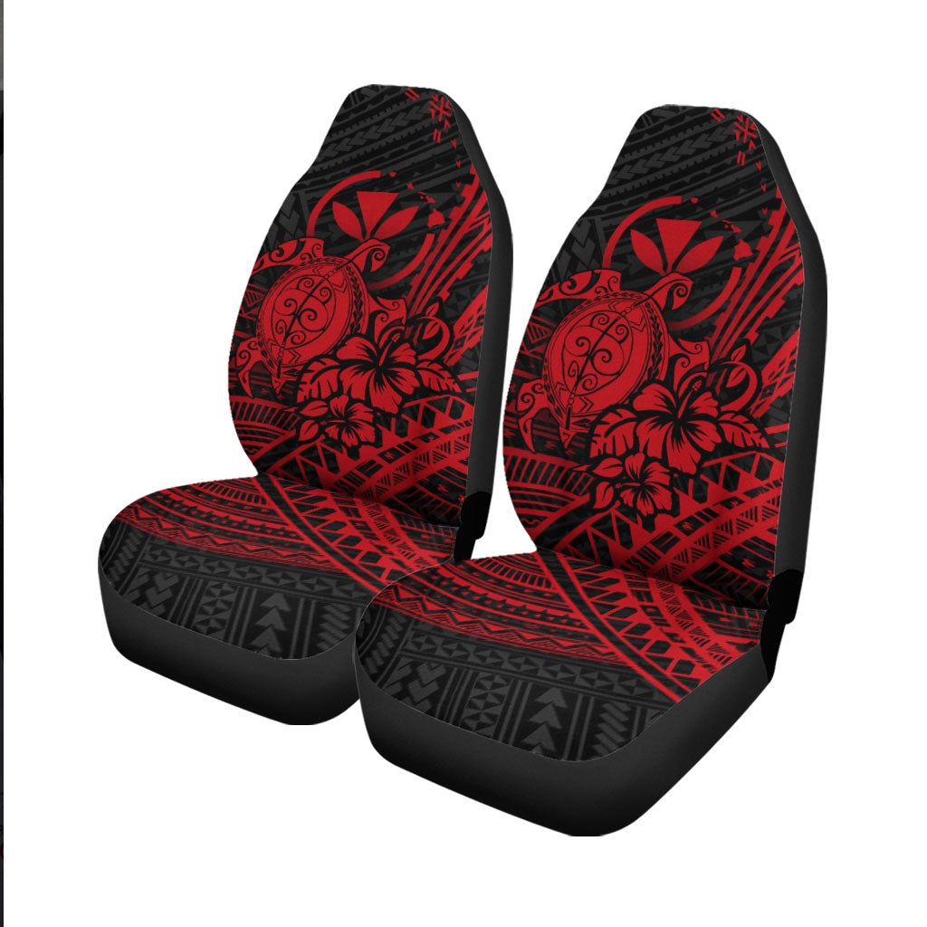 Front seat cover set with red floral turtle design and geometric tribal pattern on black base
