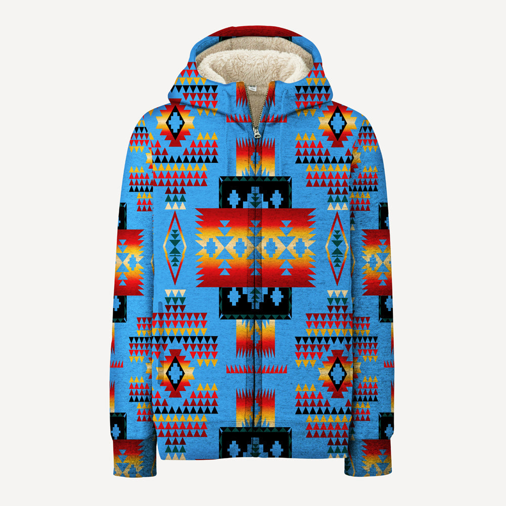 Unisex sherpa-lined zip fleece hoodie, dark blue with multicolor Native American 3D pattern