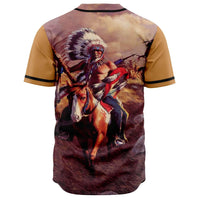 Native American chief baseball jersey back, multicolor horse-and-rider graphic, black collar trim