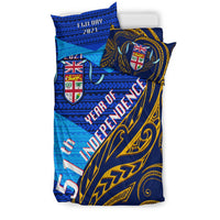Blue Fiji Day 2021 bedding set featuring “Year of Independence” slogan and crest shield