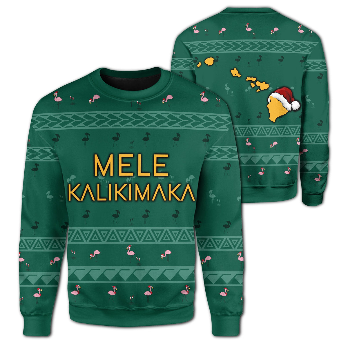 Green unisex sweatshirt, front and back designs with MELE KALIKIMAKA flamingos