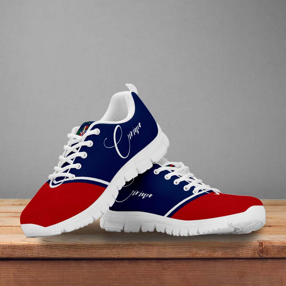 Custom sneakers with blue upper, red panels, white laces, white sole, and crest patch on tongue