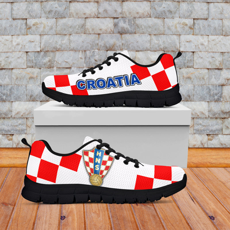 Croatia soccer sneakers, white with red checker panels and black sole, lace-up