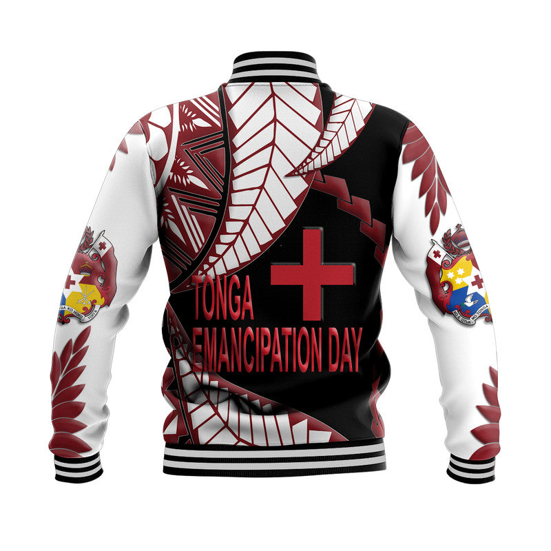 Colorful baseball jacket back, black with red cross, white sleeves, ribbed collar