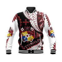 Colorful Tonga Emancipation Day baseball jacket, white sleeves, black red front print