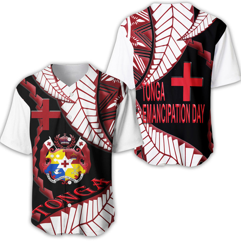 Black baseball jersey with red/white pattern, cross, and Tonga Emancipation Day text