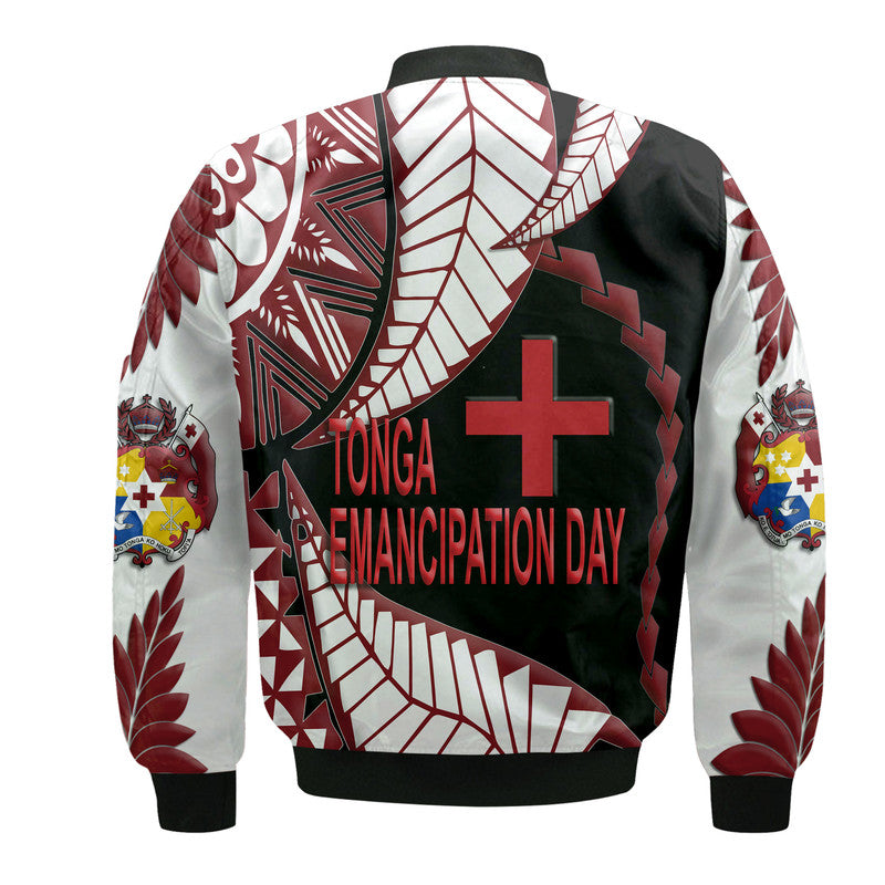 Unisex bomber jacket back with white, red, and dark graphics, TONGA text, plus cross