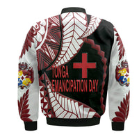 Unisex bomber jacket back with white, red, and dark graphics, TONGA text, plus cross