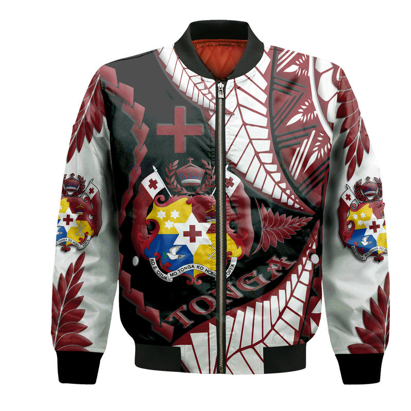Unisex bomber jacket with dark base and colorful tribal pattern, zip front, ribbed cuffs