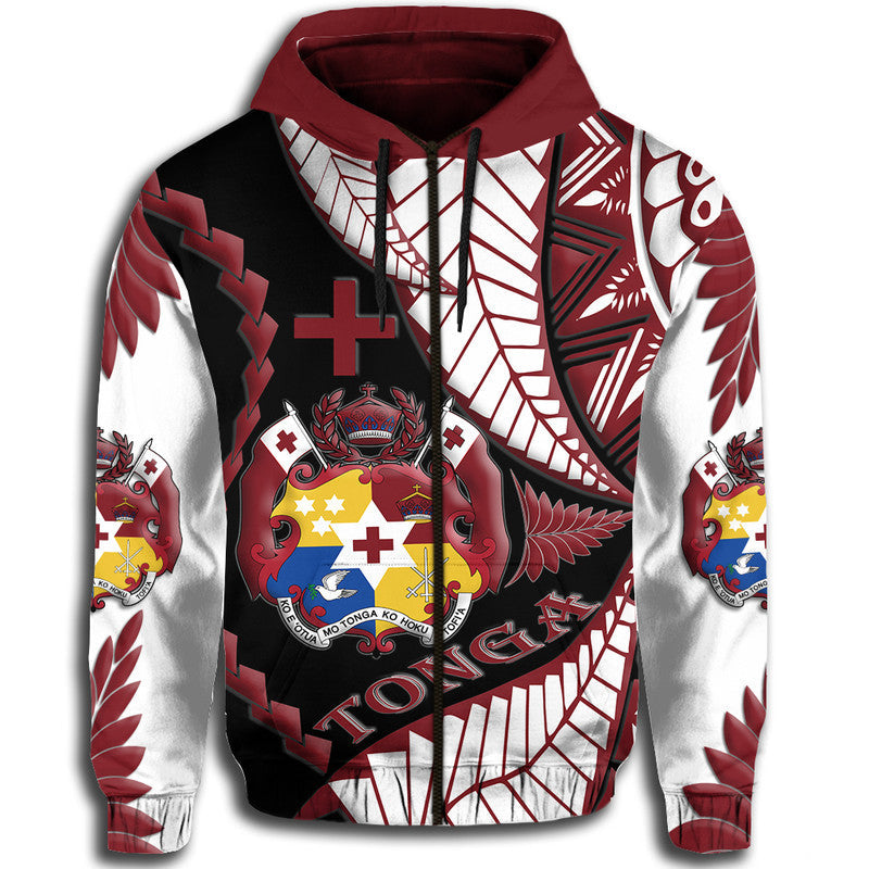 Colorful pullover hoodie, maroon drawstring hood; bold white-red geometric graphics