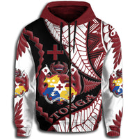 Colorful pullover hoodie, maroon drawstring hood; bold white-red geometric graphics