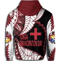 Colorful pullover hoodie with large “Tonga Emancipation Day” print and cross emblem