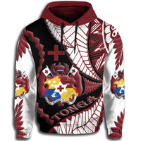Colorful pullover hoodie with Tonga crest, cross, and patterned sleeves, maroon hood
