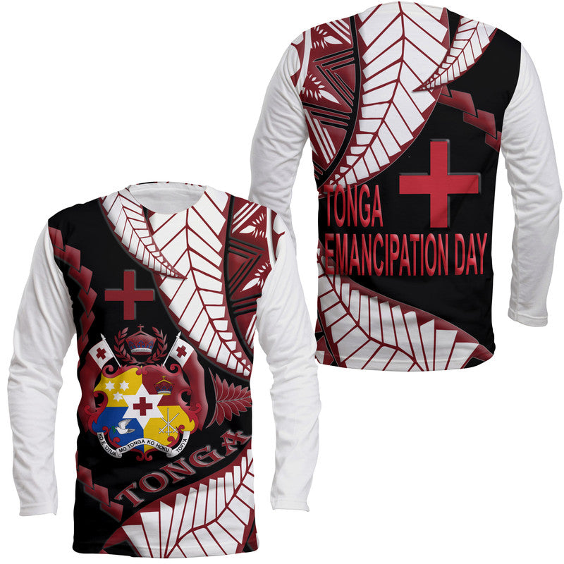 Unisex long-sleeve shirt with white sleeves; black front in red, white patterns, cross graphic