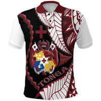 Tonga polo shirt with maroon collar, black-and-white geometric print, red/blue crest
